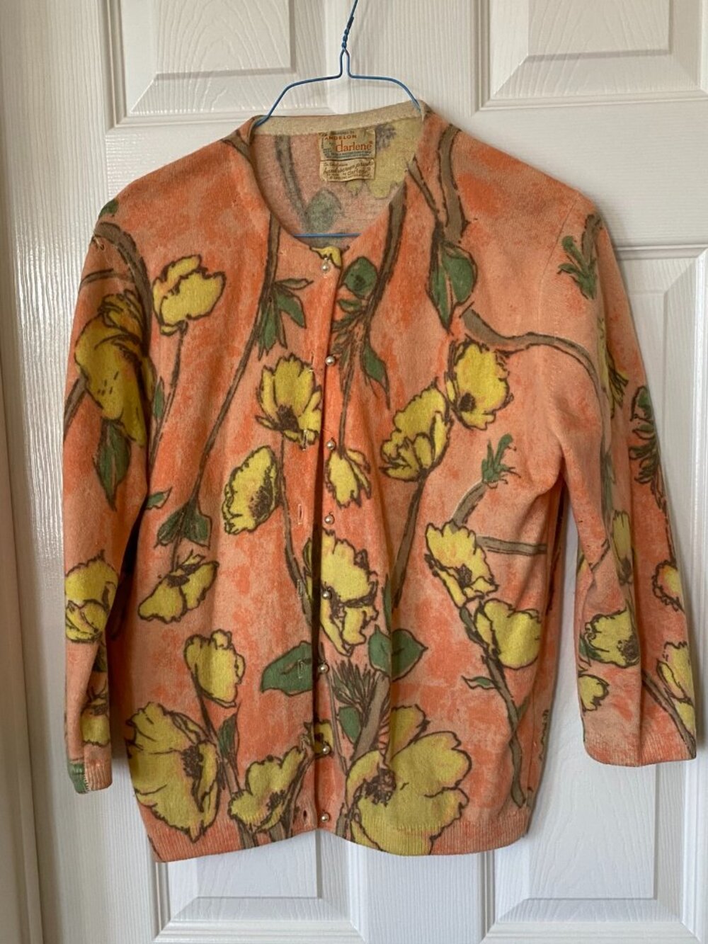 Vintage 1950s Darlene Sweater Hand Screen Print Flowers Wool & Mohair Small